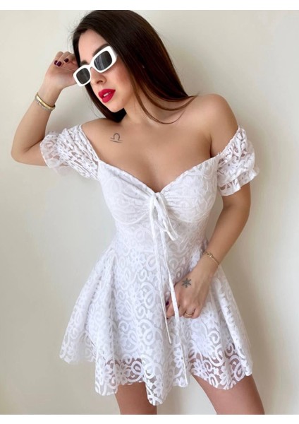 Rengastyle Kadın Içi Astarlı Dantel Kumaş Mini Elbise (Renkli)