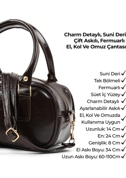 Kırışık Dokulu Kahverengi SHK207 Suni Deri Charm Detaylı Fermuarlı ,askılı El, Kol ve Omuz Çantası