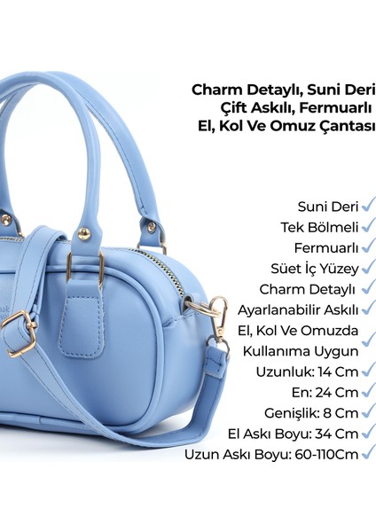 Mavi SHK207 Suni Deri Charm Detaylı Fermuarlı ,askılı El, Kol ve Omuz Çantası