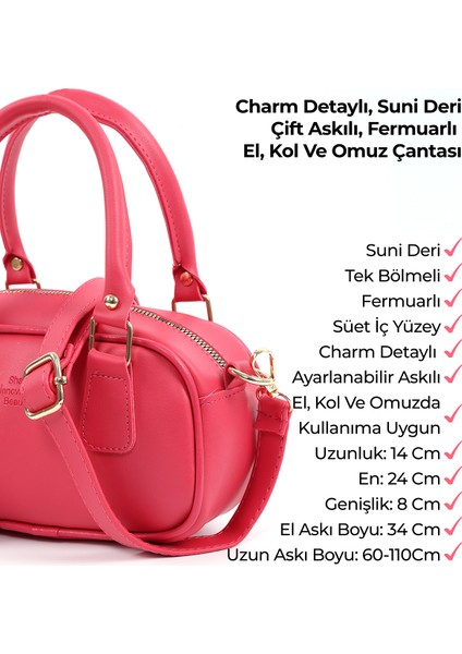 Fuşya SHK207 Suni Deri Charm Detaylı Fermuarlı ,askılı El, Kol ve Omuz Çantası