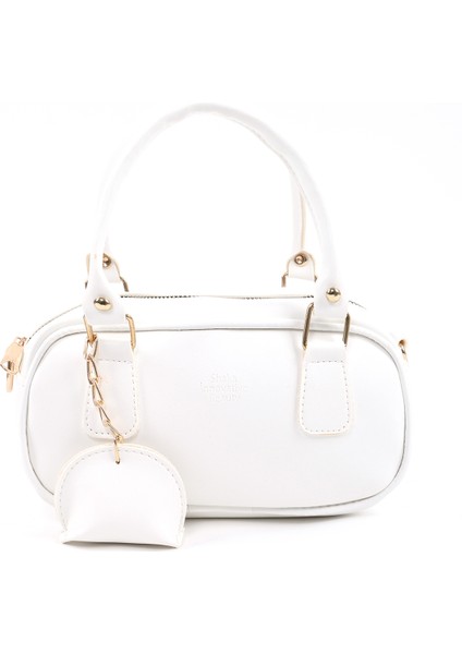 Beyaz SHK207 Suni Deri Charm Detaylı Fermuarlı ,askılı El, Kol ve Omuz Çantası