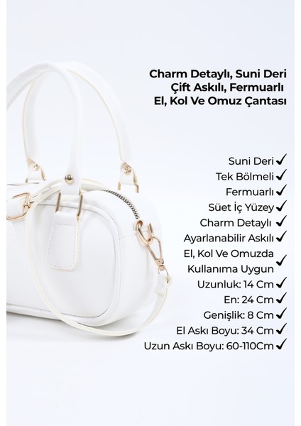 Beyaz SHK207 Suni Deri Charm Detaylı Fermuarlı ,askılı El, Kol ve Omuz Çantası