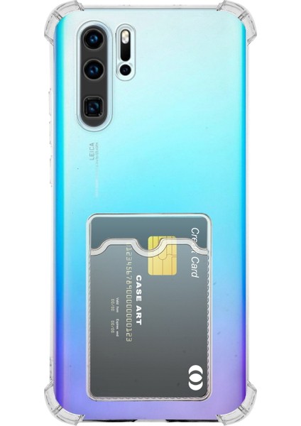 Huawei P30 Pro Kapak ile Uyumlu Kamera Korumalı Kartlıklı Darbe Emici Özellikli Şeffaf Silikon Kılıf