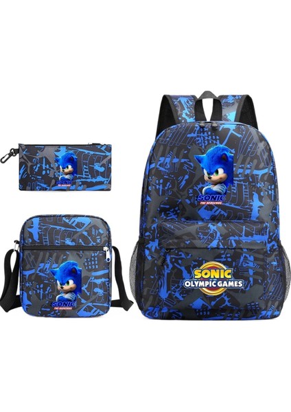 Sonic Desenli Üç Parçalı Öğrenci Okul Çantası (Yurt Dışından)