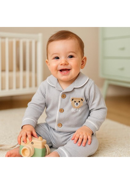 Bear Önden Düğmeli Mevsimlik 2 Parça Pjama Takımı