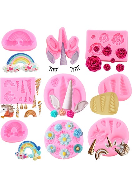 Gökkuşağı Ünikorn Boynuzları Kulak Gökkuşağı Gül Çiçek Reçine Silikon Kalıp Cupcake Fondan Kek Dekorasyon Araçları Şeker Çikolata Gumpaste Kalıpları (Yurt Dışından) modelleri