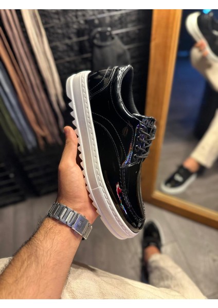 Günlük Ayakkabı T12 Siyah Rugan (Beyaz Taban)