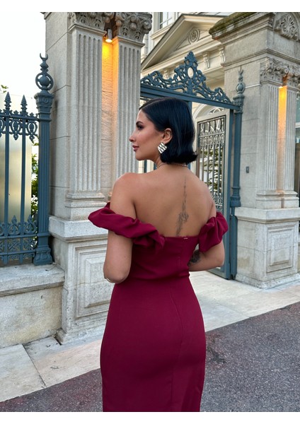 Düşük Omuz Yakası Fırfırlı Midi Boy Elbise fiyatları