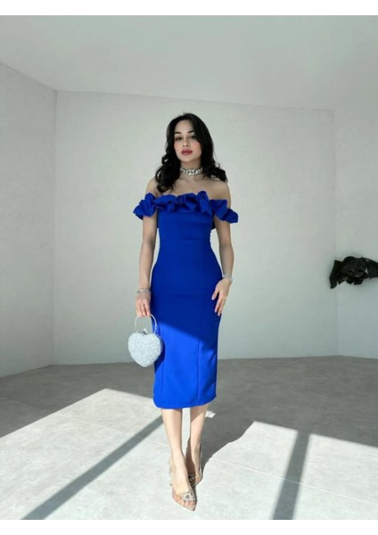 Düşük Omuz Yakası Fırfırlı Midi Boy Elbise modelleri