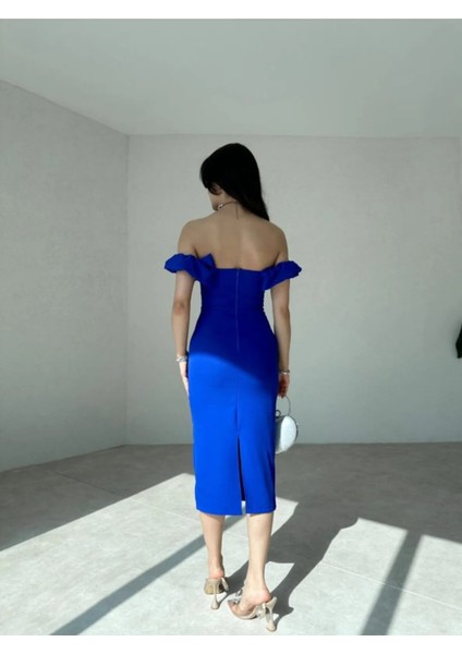 Düşük Omuz Yakası Fırfırlı Midi Boy Elbise fiyatları