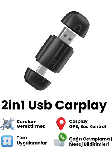 Carplay Dönüştürücü 2in1 USB Mini Kablosuz Carplay Ios Android Uyumlu USB ve Type-C