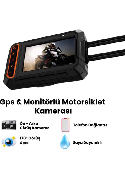 Motorsiklet Kamerası Gps ve Monitörlü Panoramik 170 Derece Ön+Arka Görüş Kamerası Wifi Hd