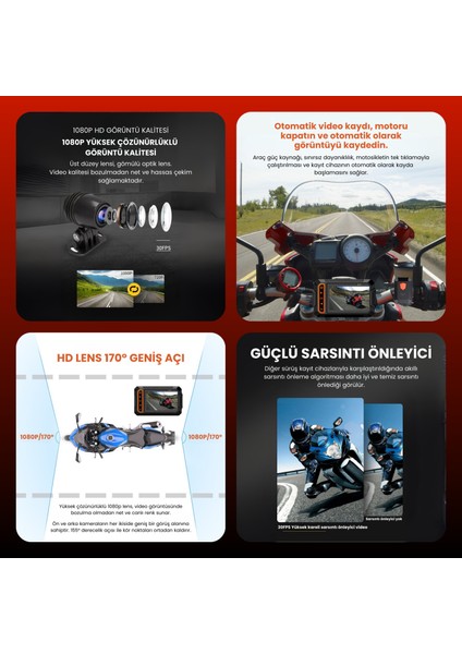 Motorsiklet Kamerası Gps ve Monitörlü Panoramik 170 Derece Ön+Arka Görüş Kamerası Wifi Hd fırsatları