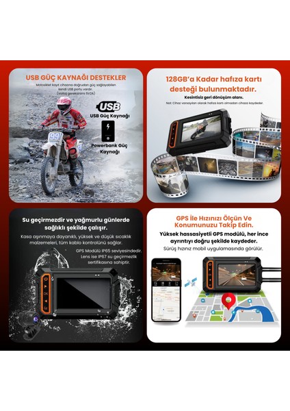 Motorsiklet Kamerası Gps ve Monitörlü Panoramik 170 Derece Ön+Arka Görüş Kamerası Wifi Hd modelleri