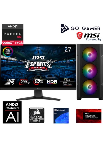 S483D Intel Core I5 14400F / 16GB Ddr5 5200MHZ / 1tb Nvme SSD 5000-3600MB-SN Gen4 / RX9060 Xt 16GB / Msı 27" 200Hz. / Windows 11 Pro Masaüstü Bilgisayar