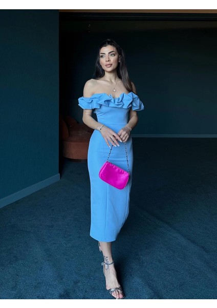 Düşük Omuz Yakası Fırfırlı Midi Boy Elbise fiyatları