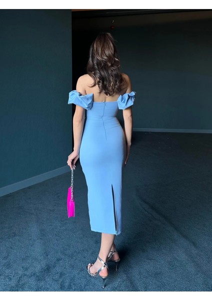 Düşük Omuz Yakası Fırfırlı Midi Boy Elbise modelleri