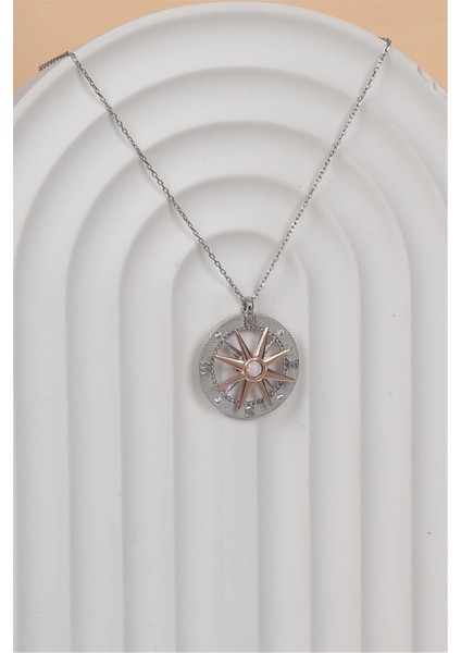 925 Ayar Gümüş Sedef Taşlı Döner Gövdeli Pusula Kadın Kolye