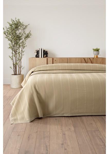 Kopanaki Dantelli Çift Kişilik Petek PIKE-210X230 Cm-Bej Renk Waffle Pike