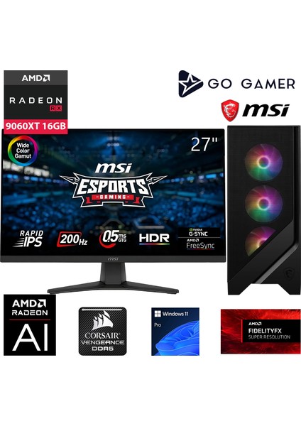 U50D Intel Core Ultra 5 225F / 32GB Ddr5 6000MHZ / 1tb Nvme SSD 5000-3600MB-SN Gen4 / RX9060 Xt 16GB / 240MM Sıvı Soğutma / Msı 27" 200Hz / Windows 11 Pro Masaüstü Bilgisayar