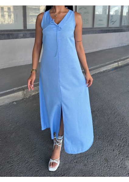 V Yaka Spagetti Ip Detaylı Yırtmaçlı Uzun Elbise 50324 modelleri