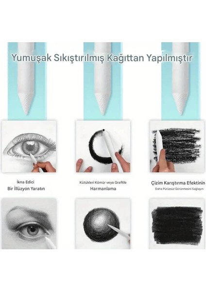 Eskiz Karıştırma Çubukları, Tortillion, Kara Kalem Silgi, Gölgelendirme, Tonlama-Set 6 Adet modelleri