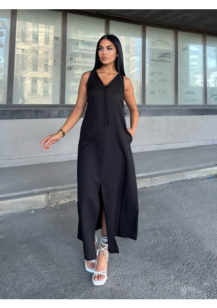 V Yaka Spagetti Ip Detaylı Yırtmaçlı Uzun Elbise 50324