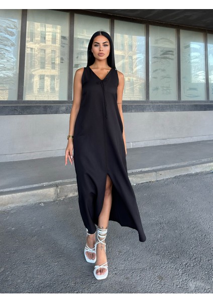 V Yaka Spagetti Ip Detaylı Yırtmaçlı Uzun Elbise 50324 fiyatları