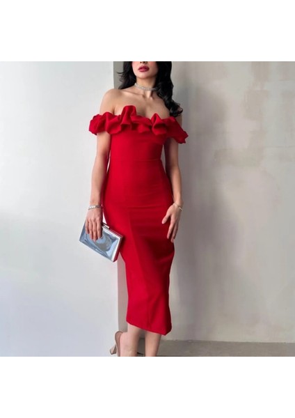 Düşük Omuz Yakası Fırfırlı Midi Boy Elbise