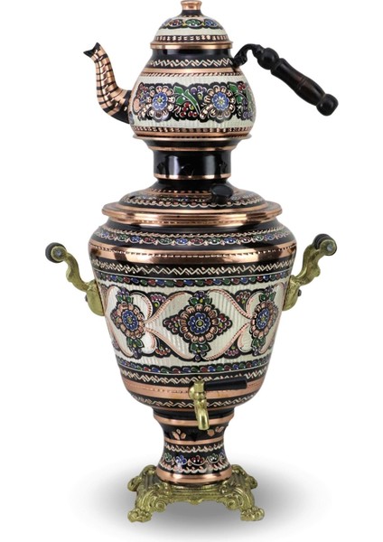 Yeni Model Dövme Işlemeli Kalın Kömürlü Bakır Semaver 4 Lt