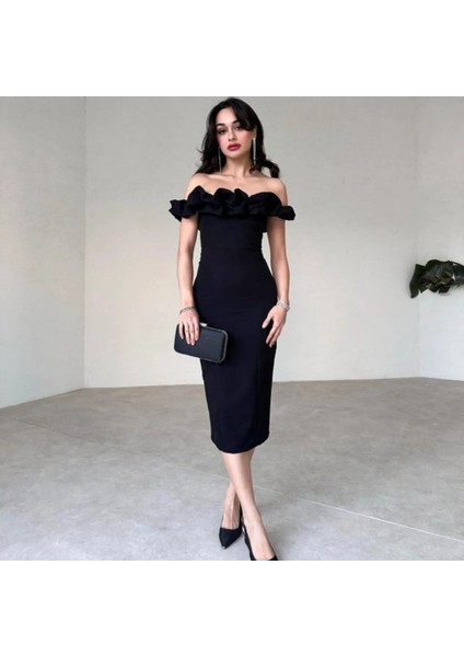 Düşük Omuz Yakası Fırfırlı Midi Boy Elbise