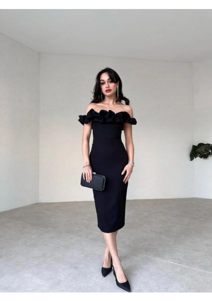 Düşük Omuz Yakası Fırfırlı Midi Boy Elbise modelleri