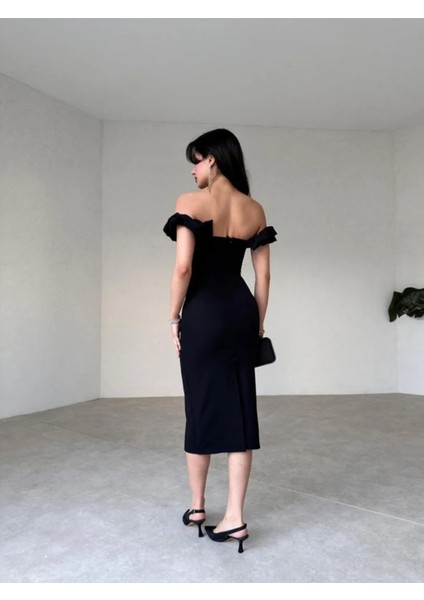 Düşük Omuz Yakası Fırfırlı Midi Boy Elbise fırsatları