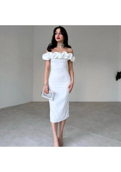 Düşük Omuz Yakası Fırfırlı Midi Boy Elbise