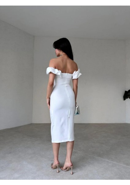 Düşük Omuz Yakası Fırfırlı Midi Boy Elbise fiyatları