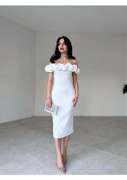 Düşük Omuz Yakası Fırfırlı Midi Boy Elbise modelleri