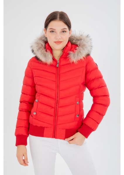 Kadın Kısa Çıkarılabilir Kürk Kapşonlu Dolgulu Su Itici Şişme Mont 8637