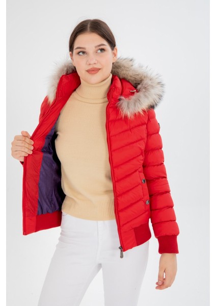 Kadın Kısa Çıkarılabilir Kürk Kapşonlu Dolgulu Su Itici Şişme Mont 8637