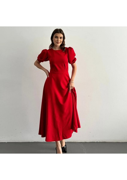 Karpuz Kollu Midi Boy Elbise