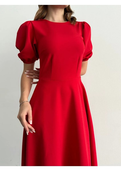 Karpuz Kollu Midi Boy Elbise