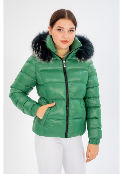 Kadın Kısa Çıkarılabilir Kürk Kapşonlu Dolgulu Şişme Mont 8347