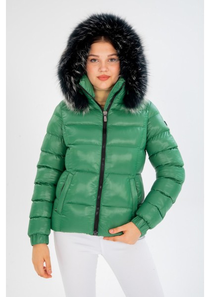 Kadın Kısa Çıkarılabilir Kürk Kapşonlu Dolgulu Şişme Mont 8347