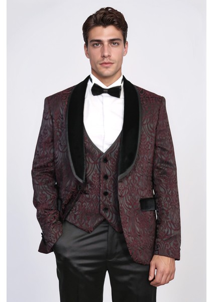 Barok Desenli Kadife Şal Yaka Yelekli Bordo Smokin - Wessi