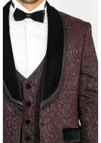 Barok Desenli Kadife Şal Yaka Yelekli Bordo Smokin - Wessi fiyatları