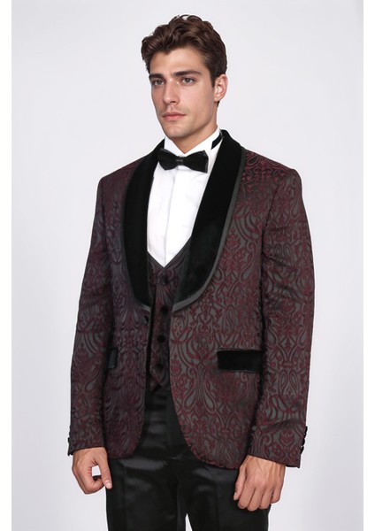 Barok Desenli Kadife Şal Yaka Yelekli Bordo Smokin - Wessi modelleri