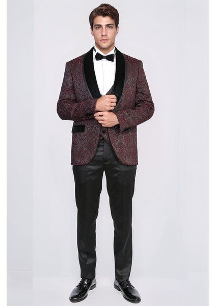 Barok Desenli Kadife Şal Yaka Yelekli Bordo Smokin - Wessi fırsatları