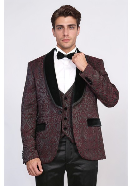 Barok Desenli Kadife Şal Yaka Yelekli Bordo Smokin - Wessi indirimleri