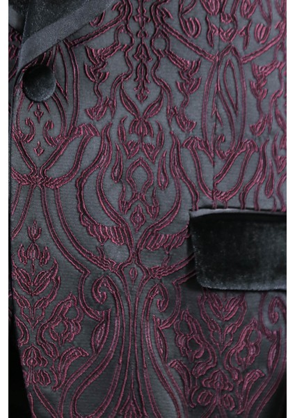 Barok Desenli Kadife Şal Yaka Yelekli Bordo Smokin - Wessi