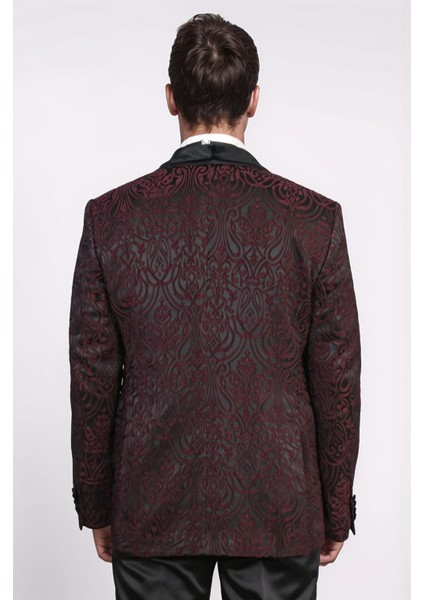 Barok Desenli Kadife Şal Yaka Yelekli Bordo Smokin - Wessi