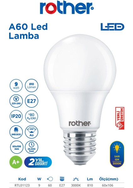 RTL01123-5 Rother A60 LED Ampul 9W E27 810 Lümen 3000K Sarı Işık Enerji Tasarruflu Ampul 5 Adet fiyatları